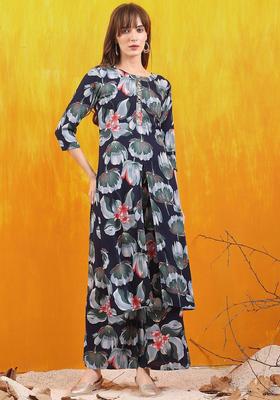 Navy Blue Printed Viscose Kurta Set