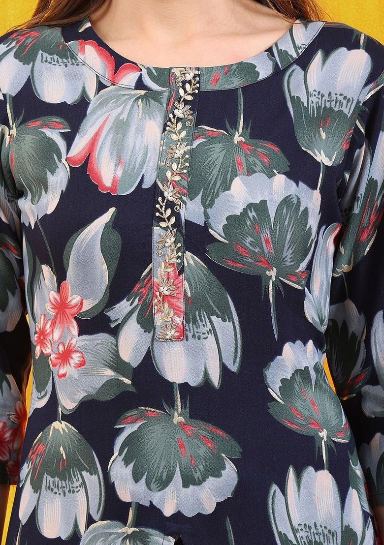 Navy Blue Printed Viscose Kurta Set - Indya
