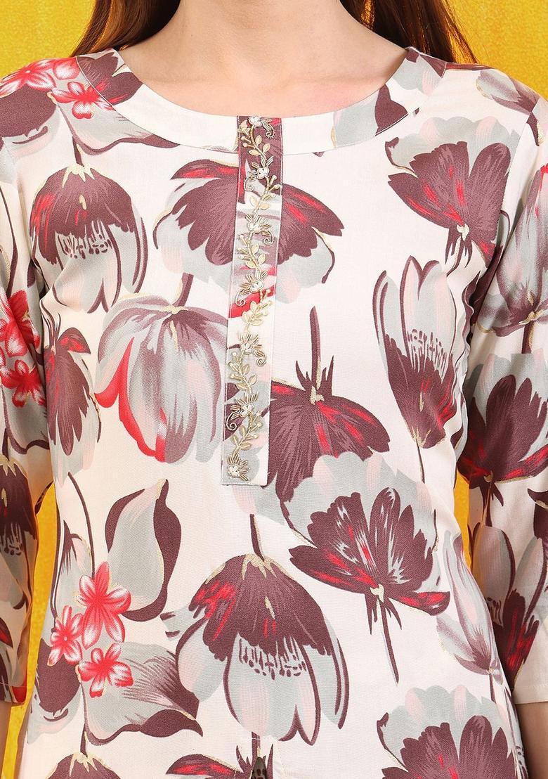 White Printed Viscose Kurta Set - Indya