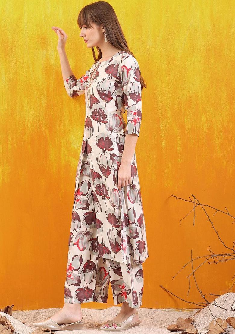 White Printed Viscose Kurta Set - Indya