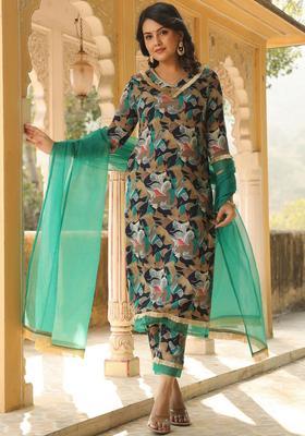 Green Printed Viscose Kurta Set