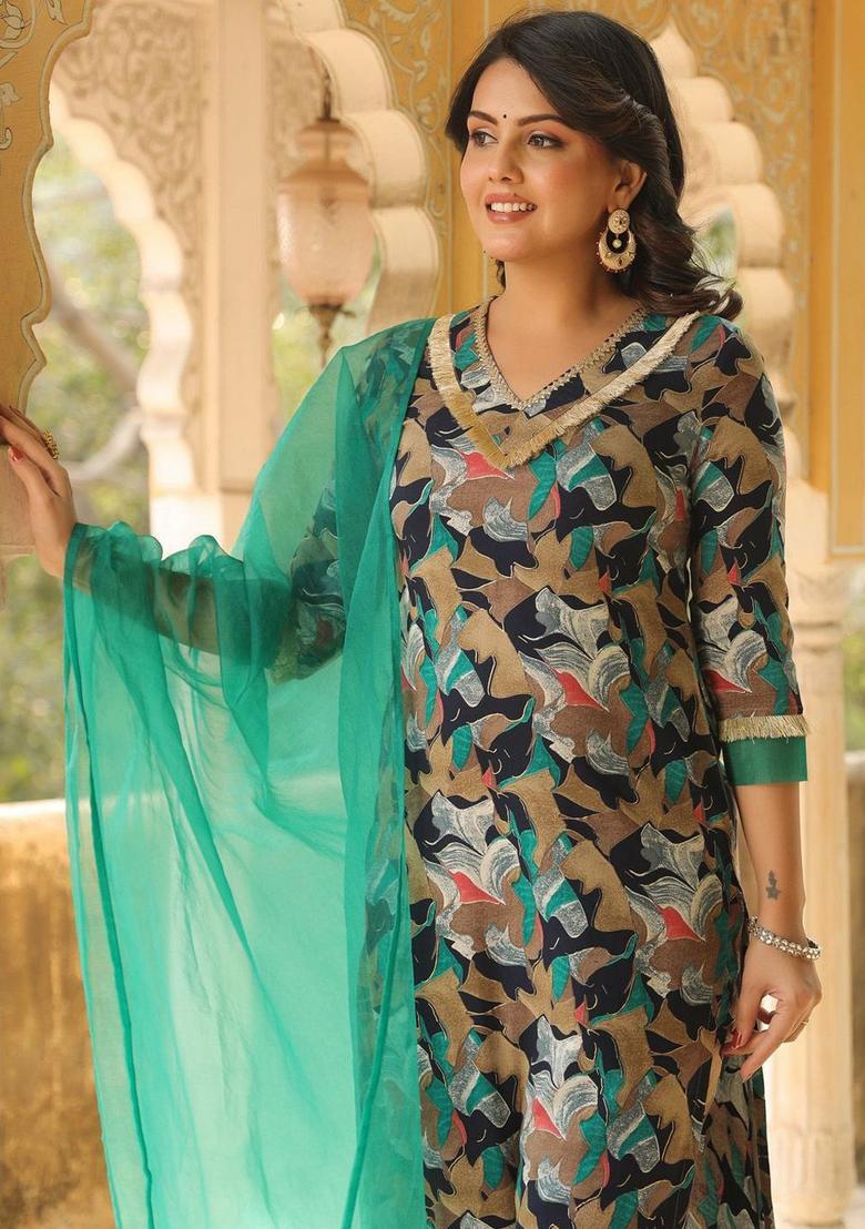 Green Printed Viscose Kurta Set - Indya