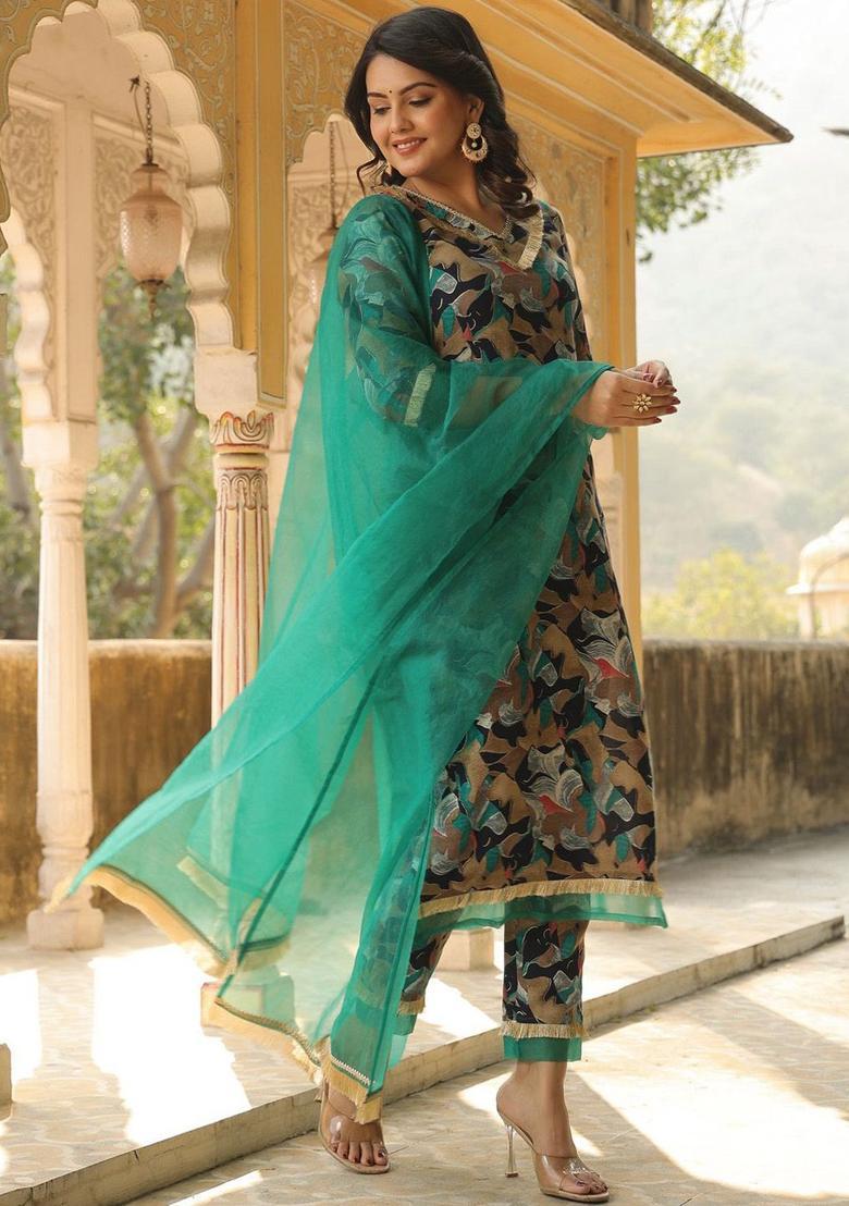 Green Printed Viscose Kurta Set - Indya