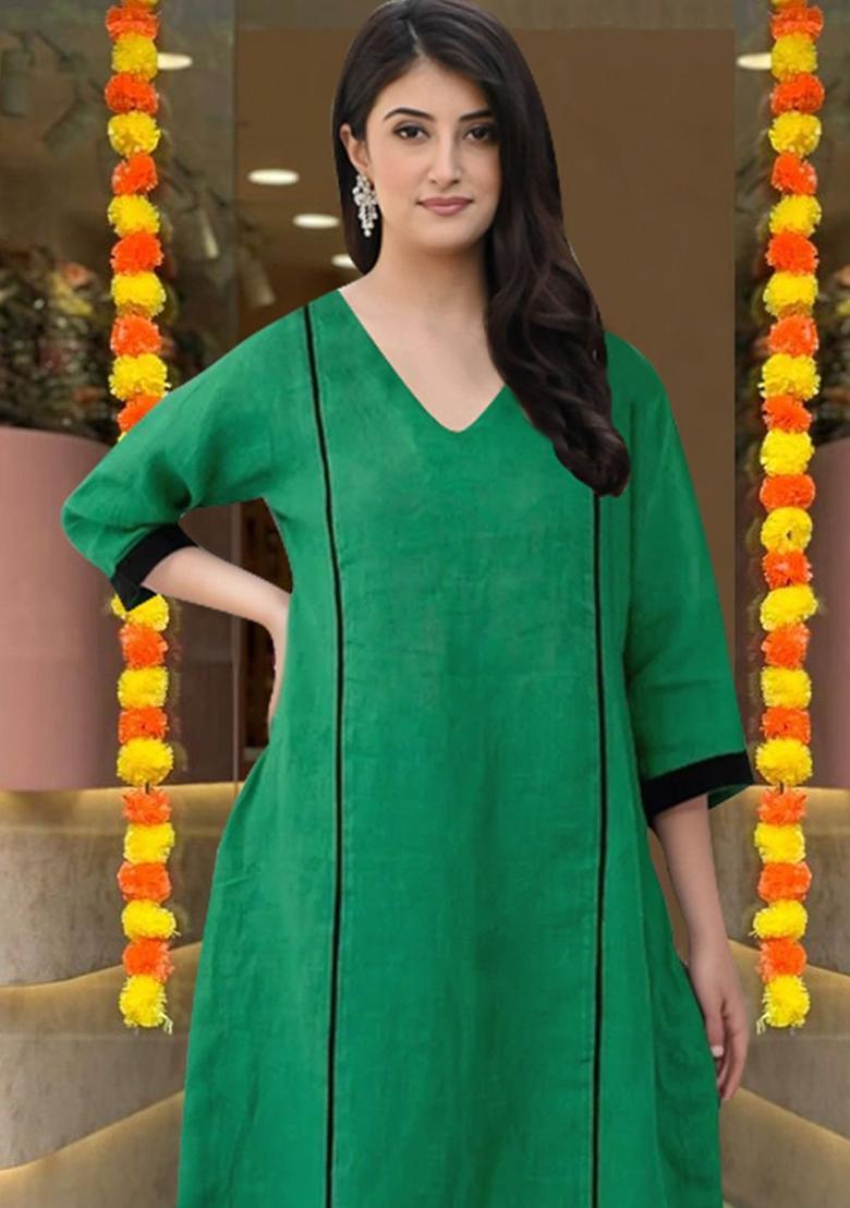 Green Solid Viscose Kurta Set - Indya