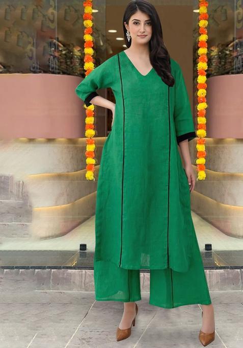 Green Solid Viscose Kurta Set — view on Indya