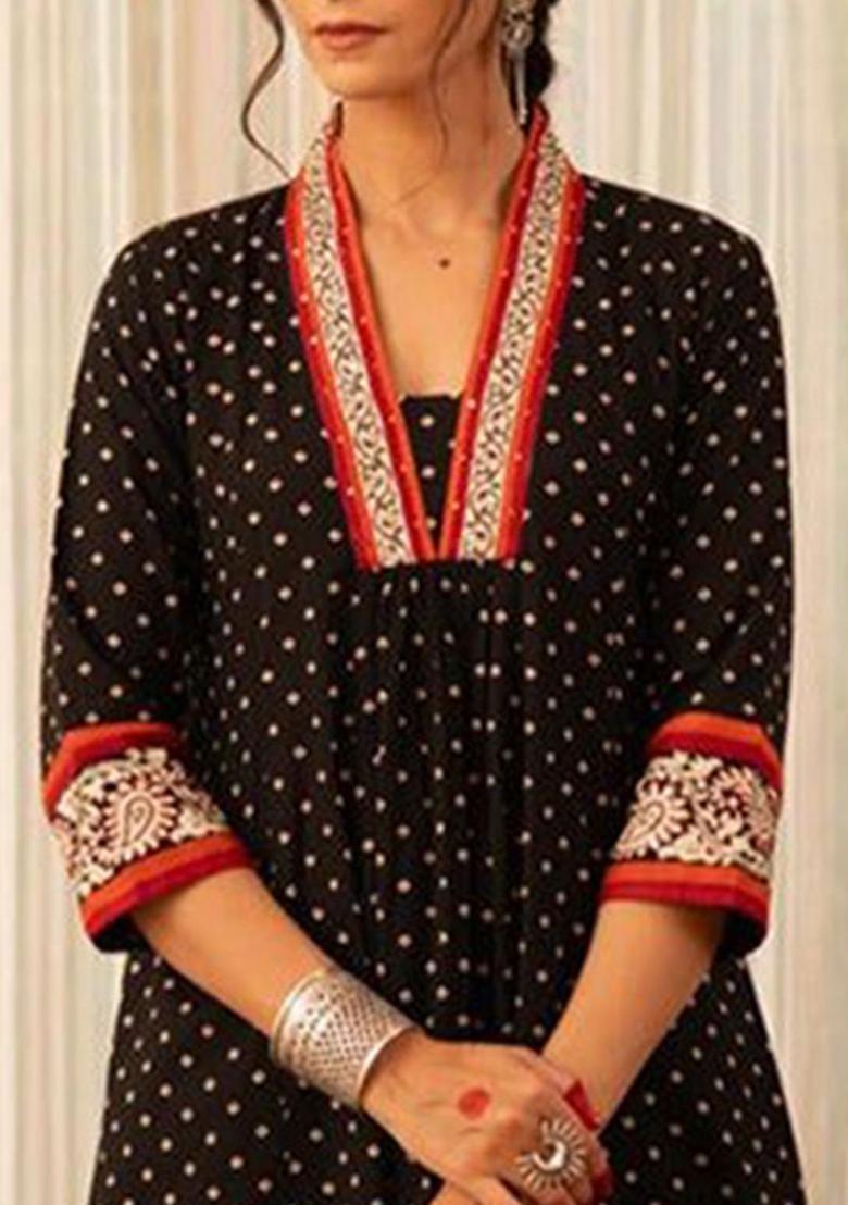 Black Printed Viscose Kurta Set - Indya