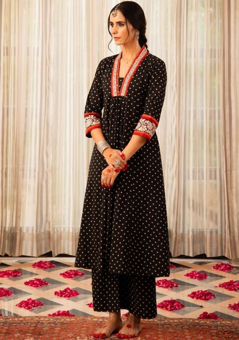 Black Printed Viscose Kurta Set - Indya