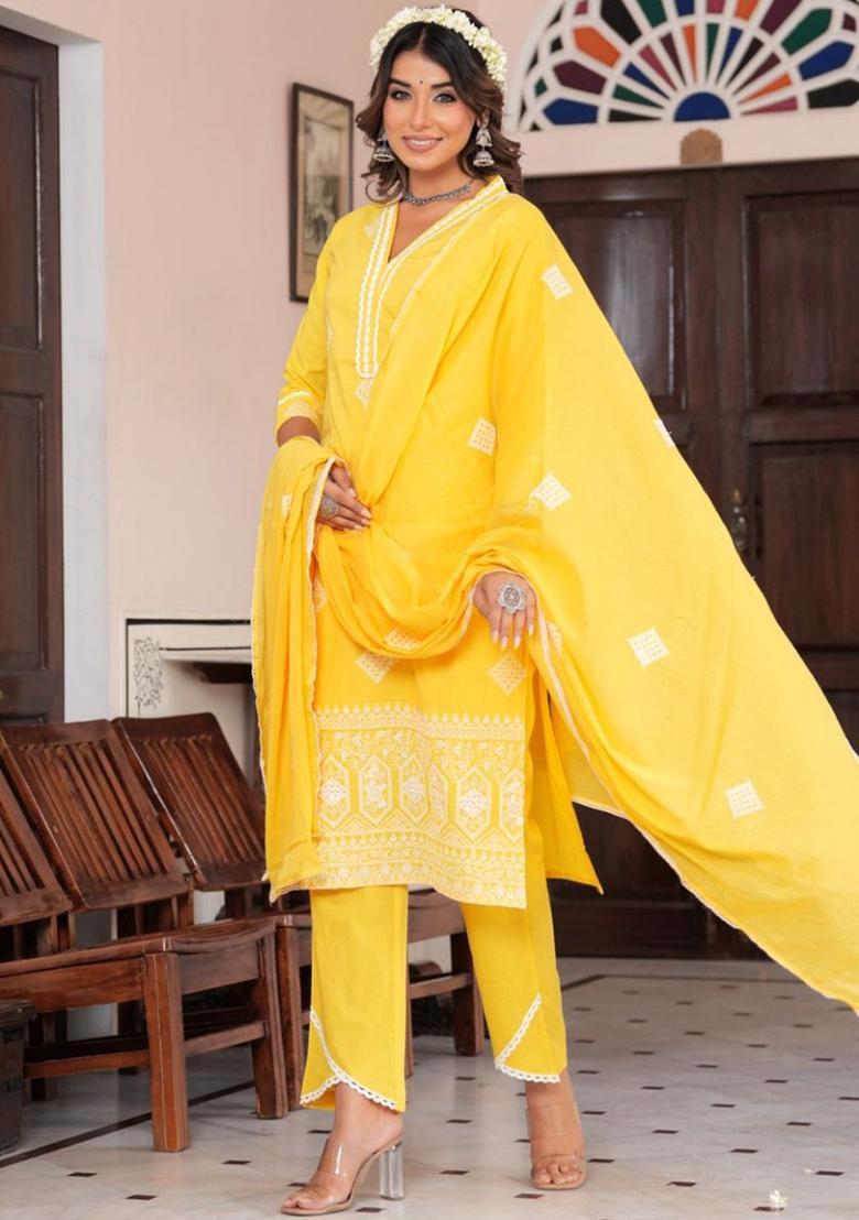 Yellow Printed Cotton Kurta Set - Indya