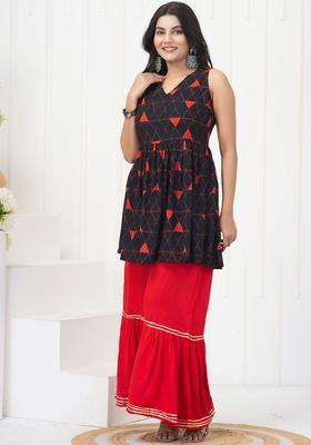 Black Printed Viscose Anarkali Set