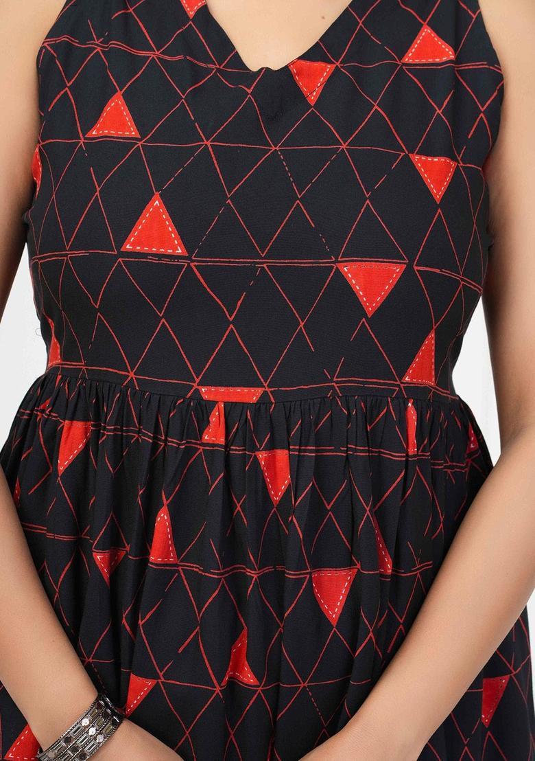 Black Printed Viscose Anarkali Set - Indya