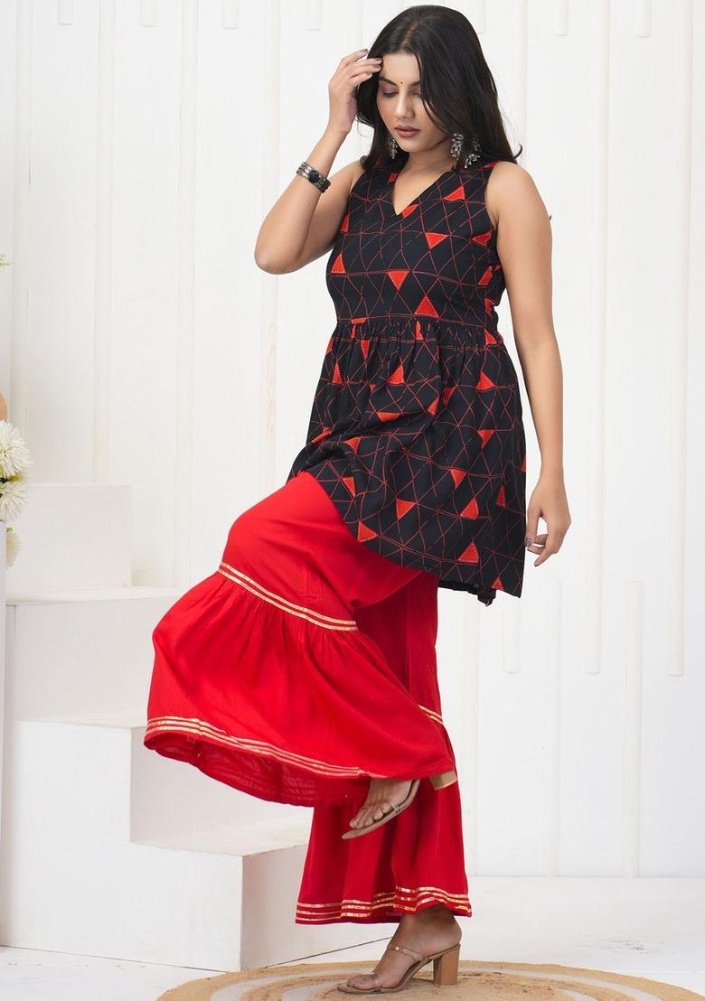 Black Printed Viscose Anarkali Set - Indya