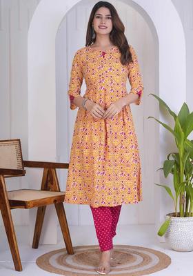 Yellow Printed Viscose Anarkali Set