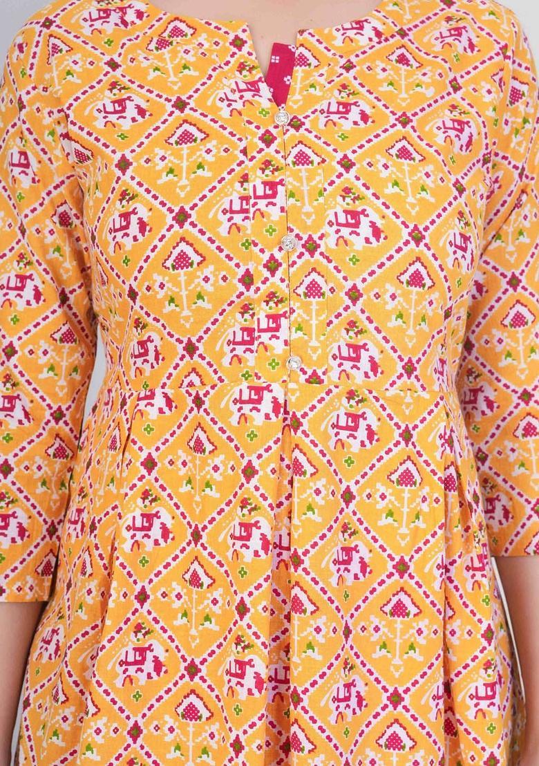Yellow Printed Viscose Anarkali Set - Indya