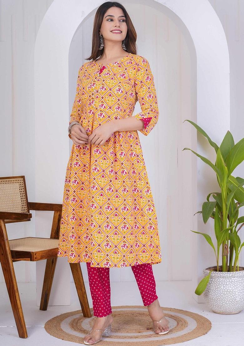 Yellow Printed Viscose Anarkali Set - Indya