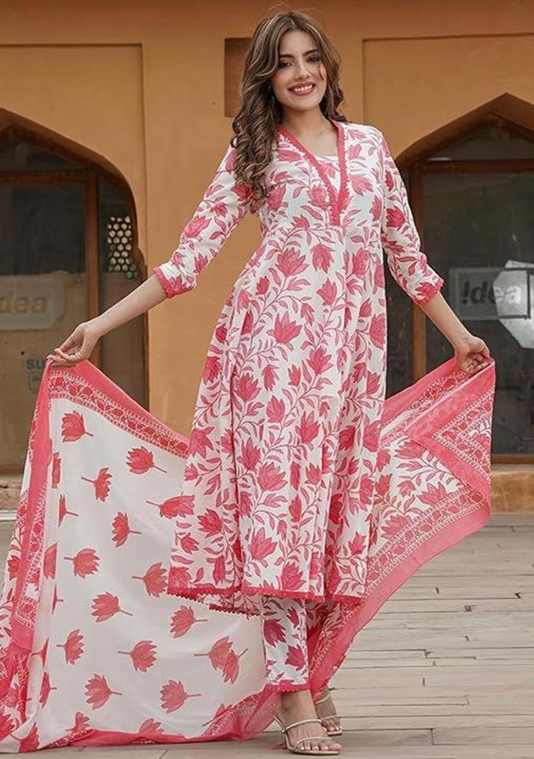 Pink Printed Cotton Anarkali Set - Indya
