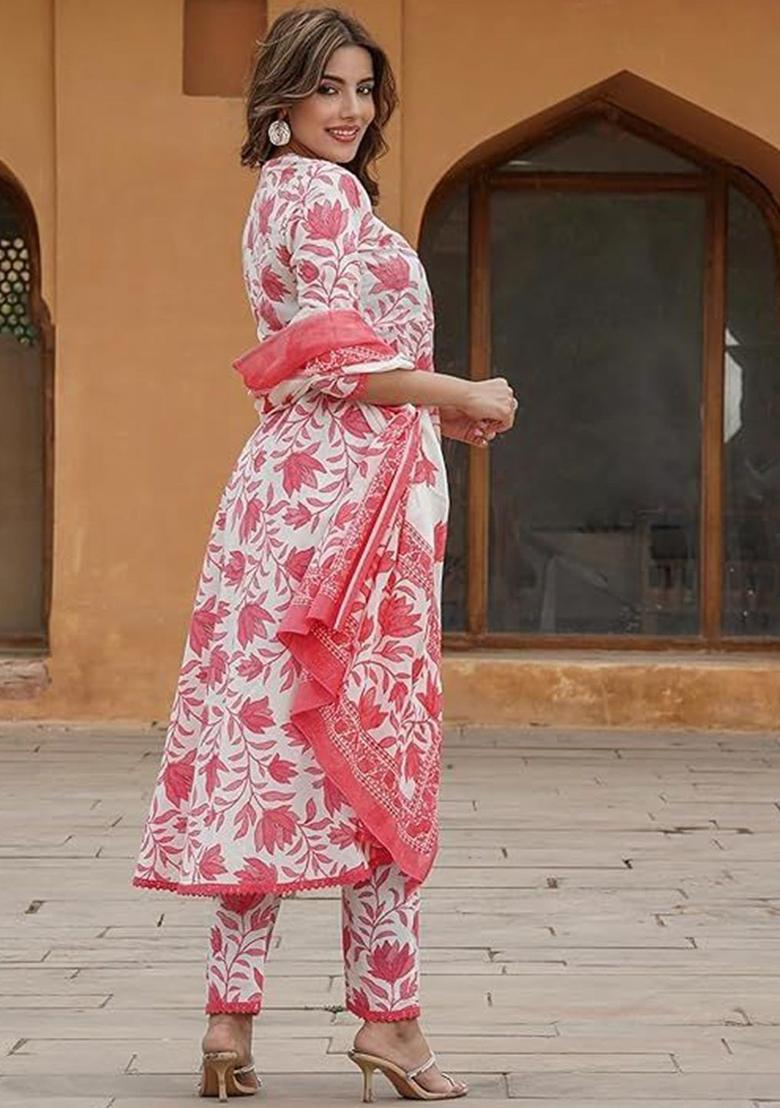 Pink Printed Cotton Anarkali Set - Indya