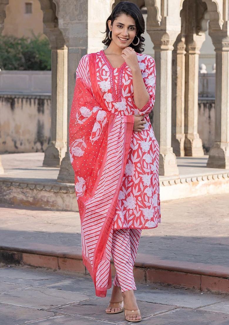 Pink Printed Cotton Kurta Set - Indya