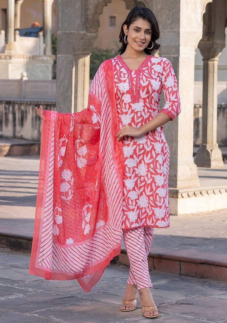 Pink Printed Cotton Kurta Set - Indya