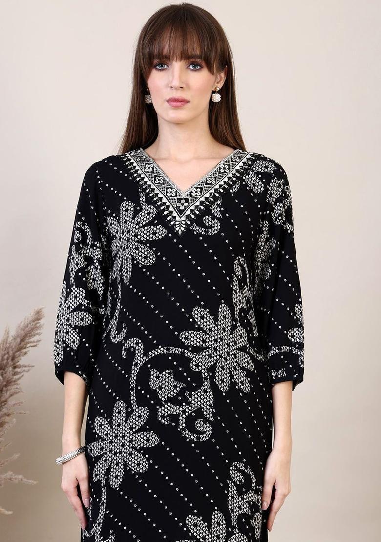 Black Embroidered Viscose Kurta Set - Indya