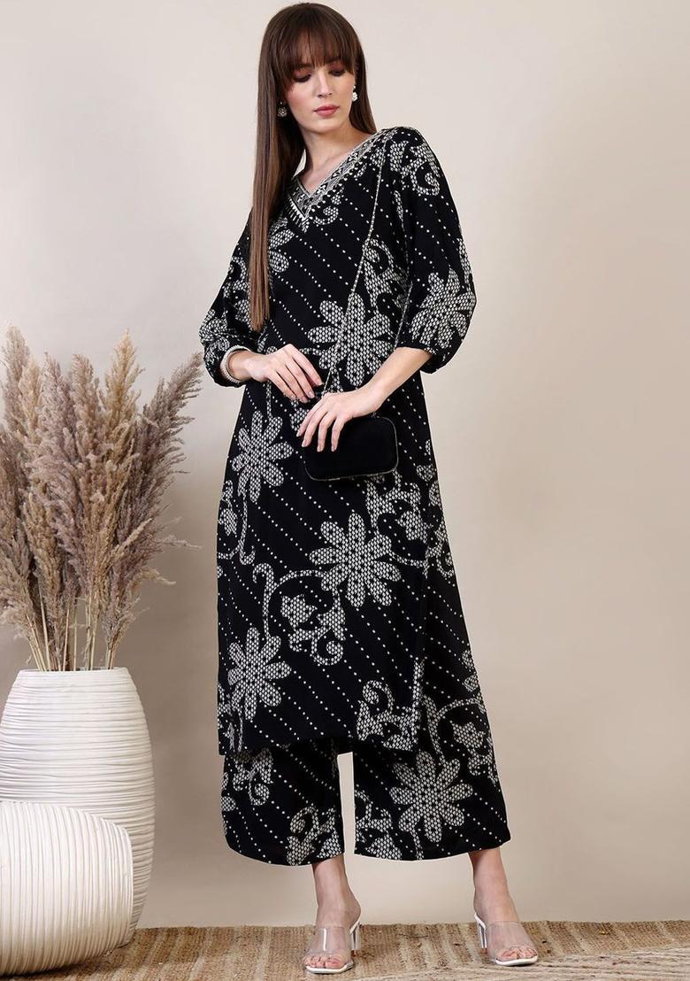 Black Embroidered Viscose Kurta Set - Indya