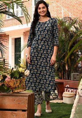 Blue Printed Cotton Kurta Set