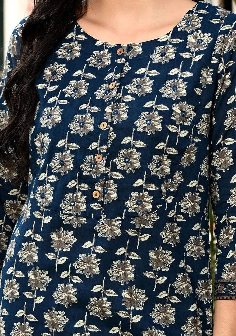 Blue Printed Cotton Kurta Set - Indya