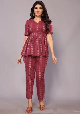 Maroon Self Design Cotton Kurta Set