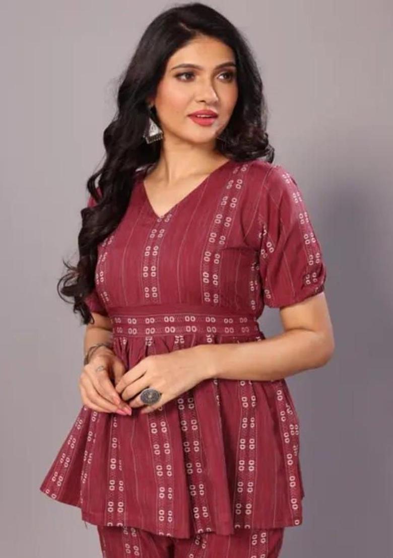 Maroon Self Design Cotton Kurta Set - Indya