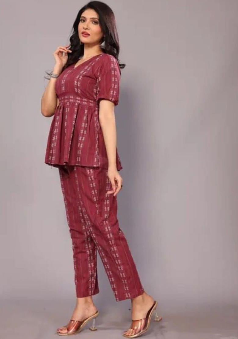 Maroon Self Design Cotton Kurta Set - Indya