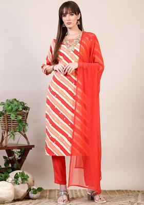 Orange Embroidered Cotton Kurta Set