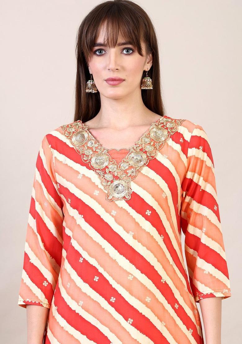 Orange Embroidered Cotton Kurta Set - Indya