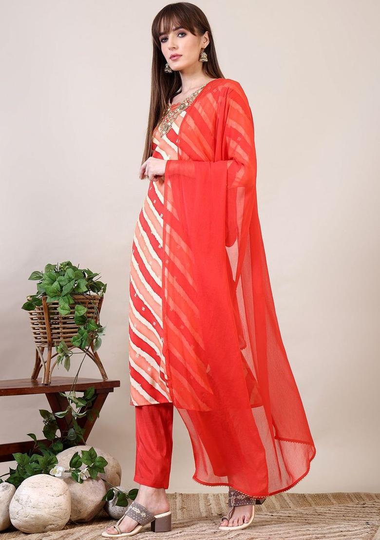 Orange Embroidered Cotton Kurta Set - Indya