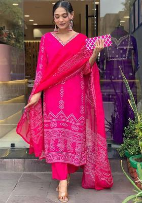 Pink Printed Silk Kurta Set