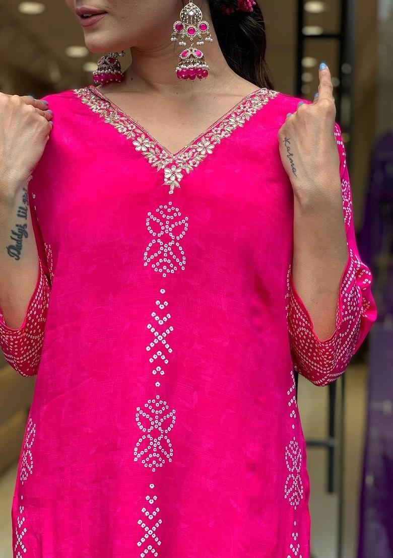 Pink Printed Silk Kurta Set - Indya