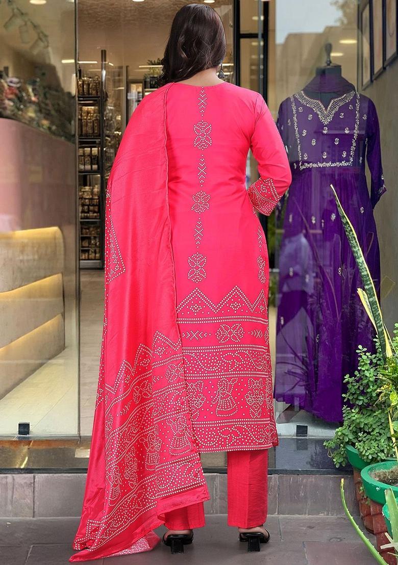 Pink Printed Silk Kurta Set - Indya