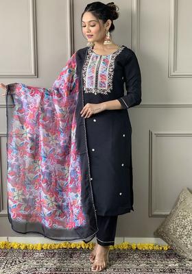 Black Embroidered Viscose Kurta Set