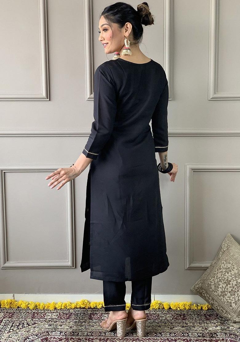 Black Embroidered Viscose Kurta Set - Indya