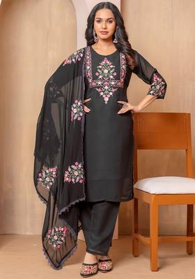 Black Embroidered Georgette Kurta Set