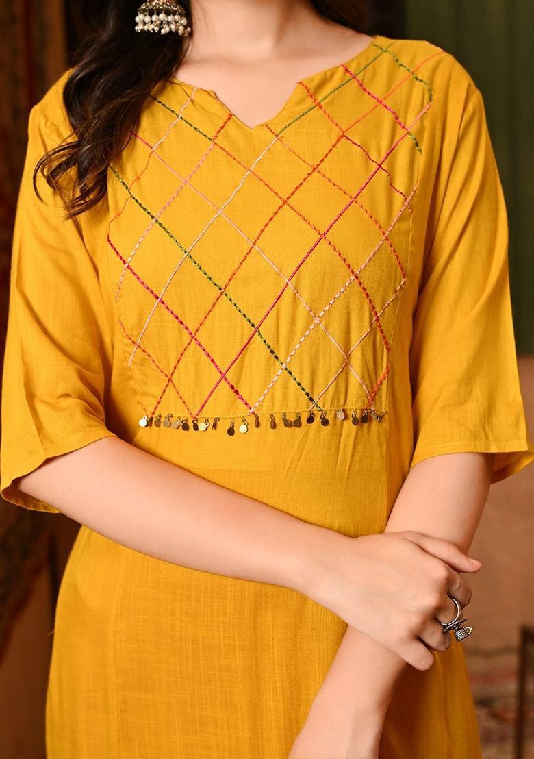 Yellow Solid Viscose Kurta Set - Indya