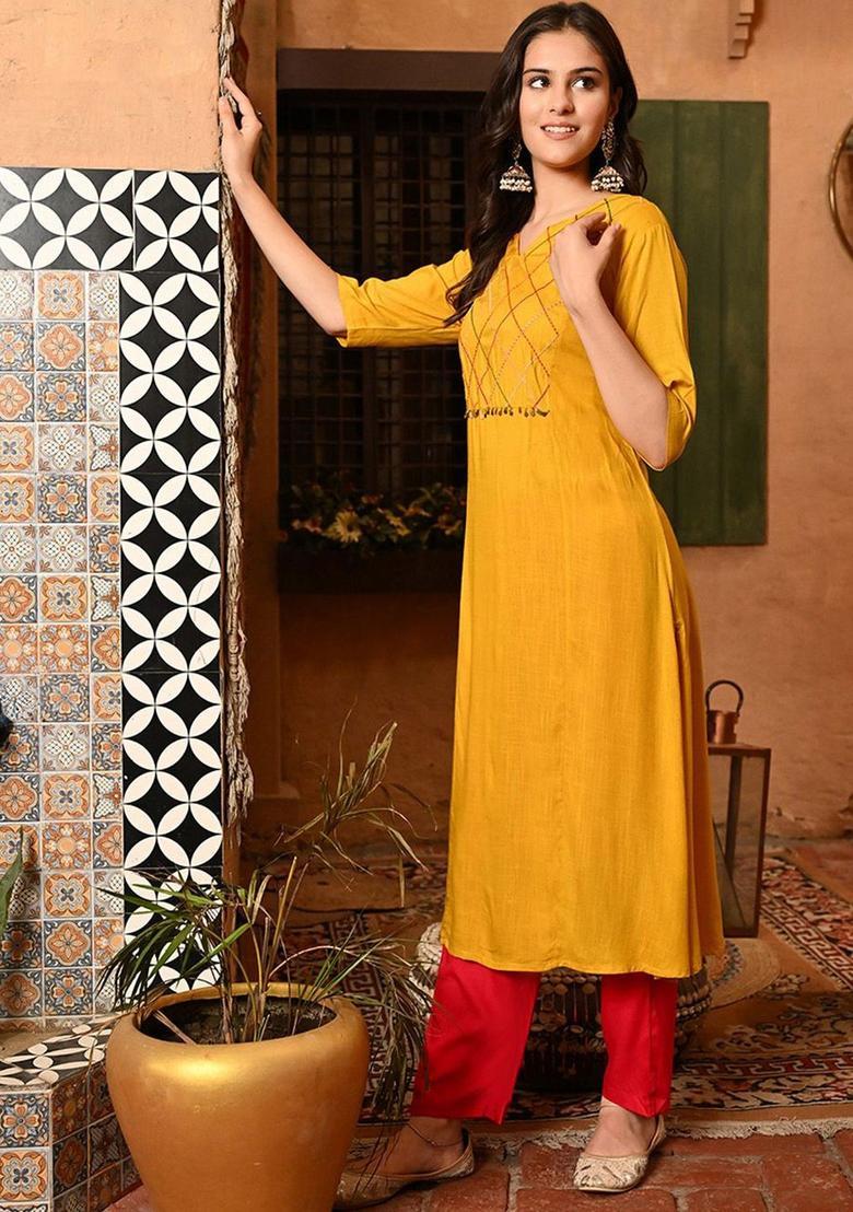 Yellow Solid Viscose Kurta Set - Indya