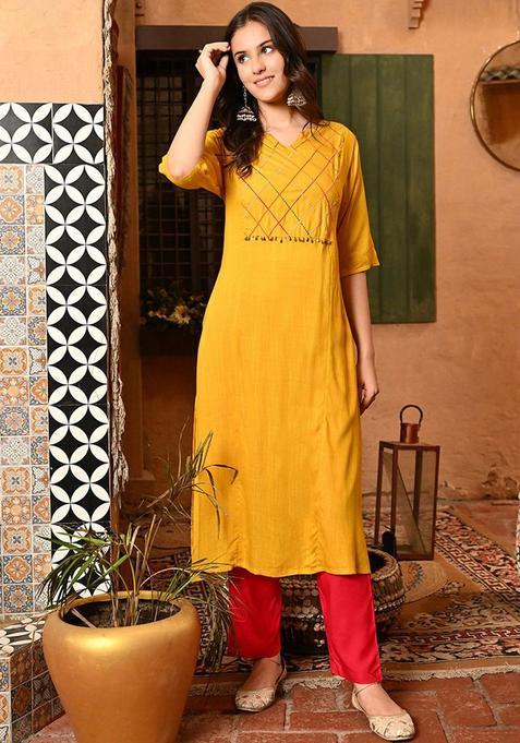 Yellow Solid Viscose Kurta Set — view on Indya