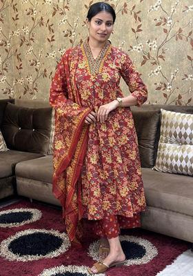 Red Printed Viscose Anarkali Set