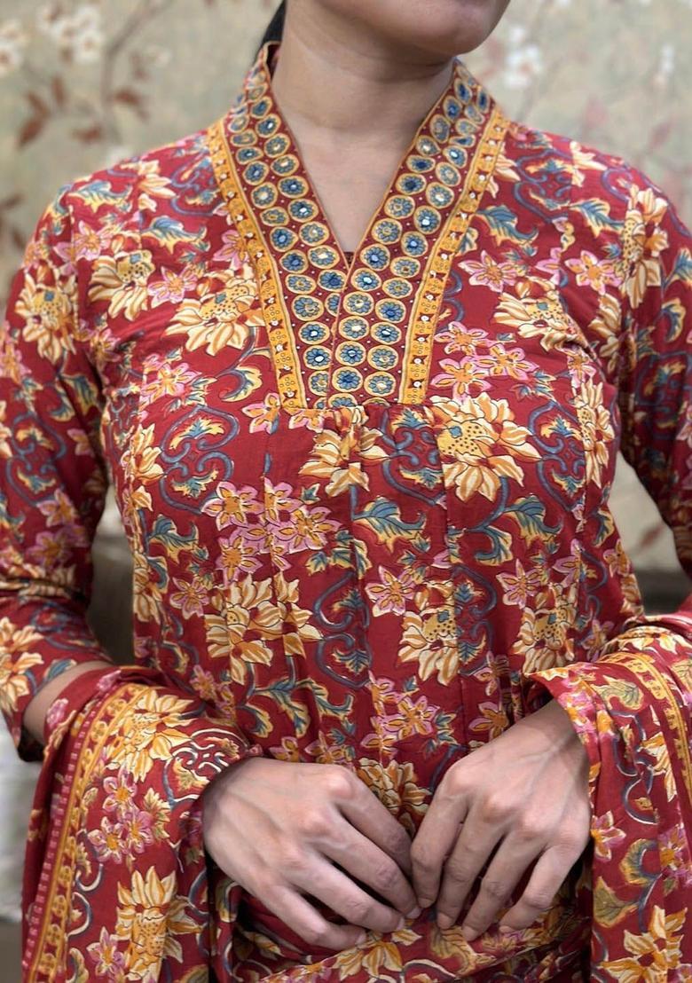 Red Printed Viscose Anarkali Set - Indya