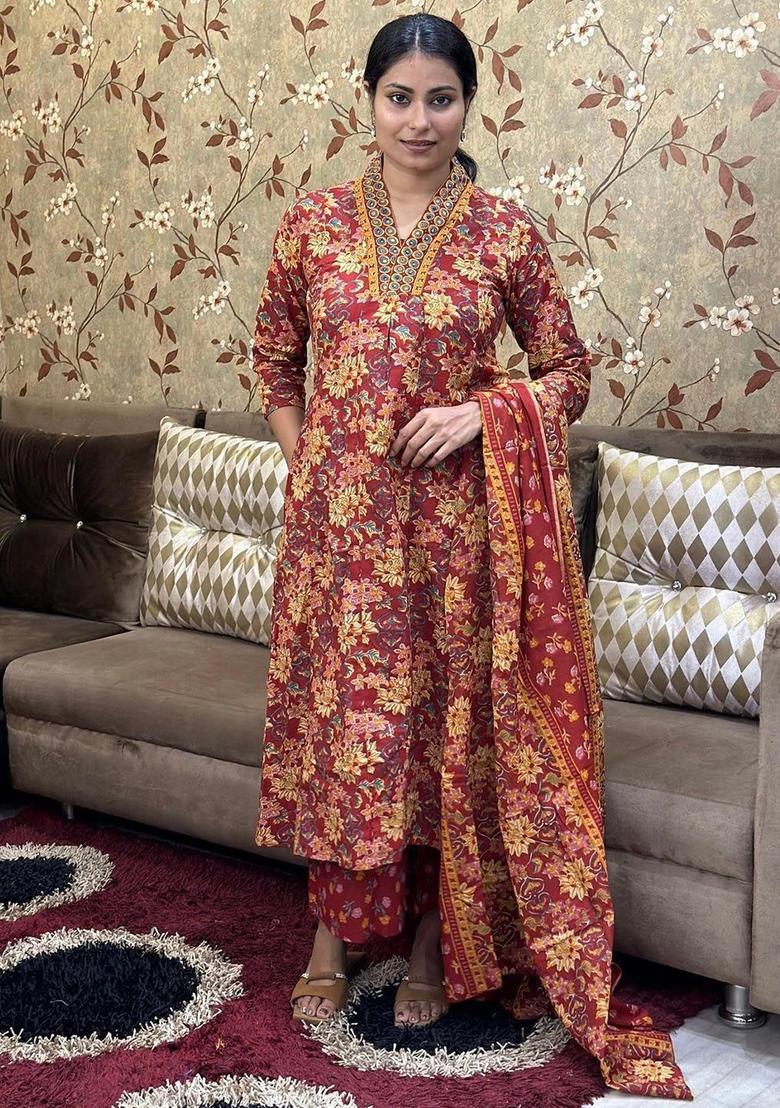 Red Printed Viscose Anarkali Set - Indya