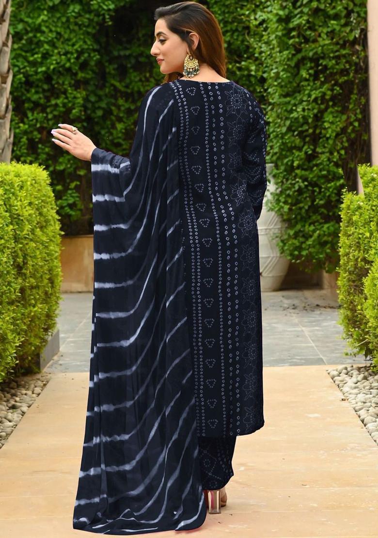 Black Printed Viscose Kurta Set - Indya