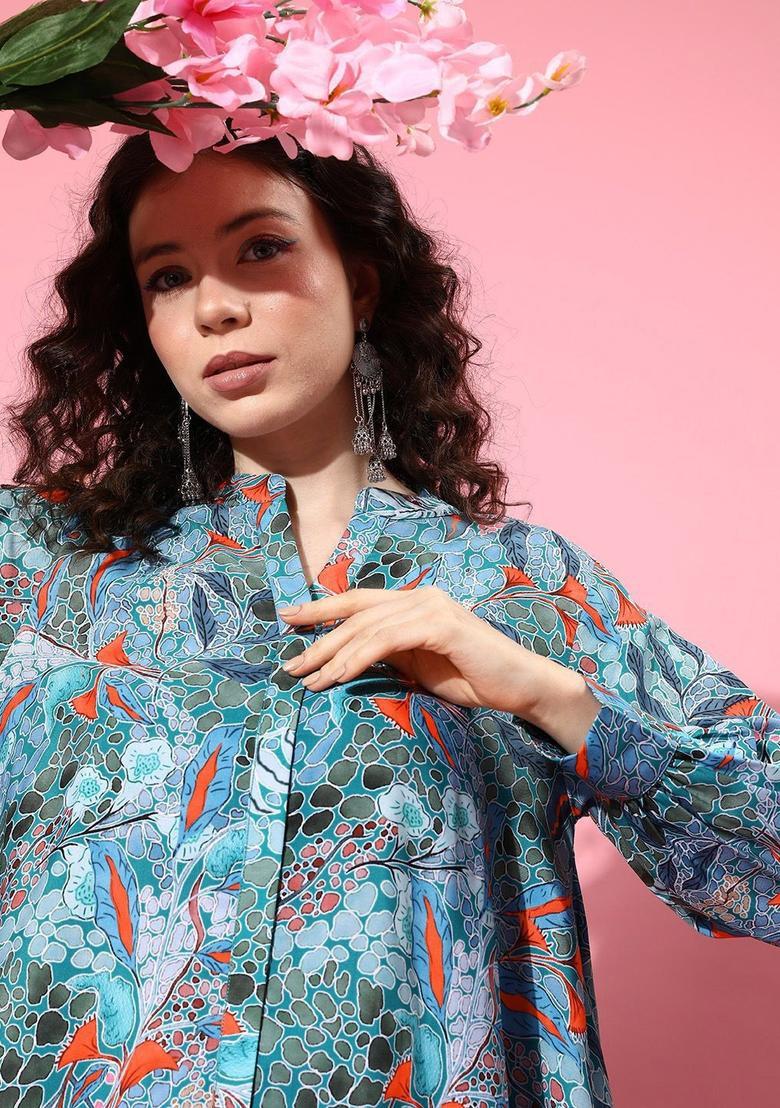 Sea Green Printed Viscose Kurta Set - Indya