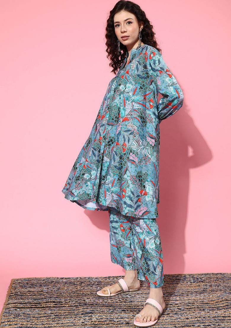 Sea Green Printed Viscose Kurta Set - Indya