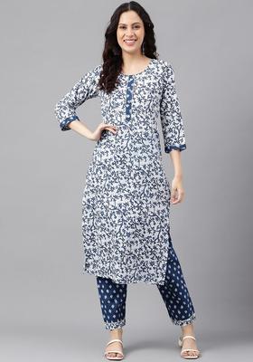 Blue Printed Cotton Kurta Set