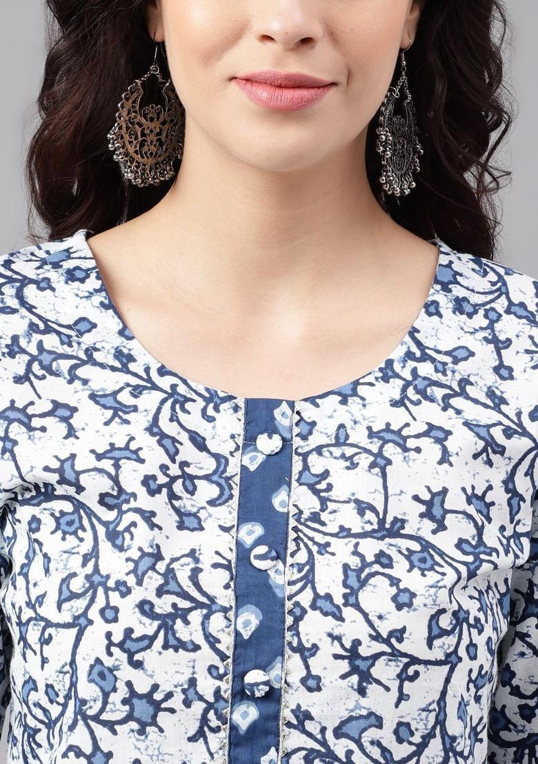 Blue Printed Cotton Kurta Set - Indya