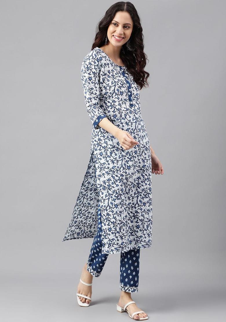 Blue Printed Cotton Kurta Set - Indya